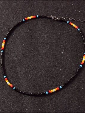 Black Seed Bead Choker Necklace with Multicolor Accent Beads
